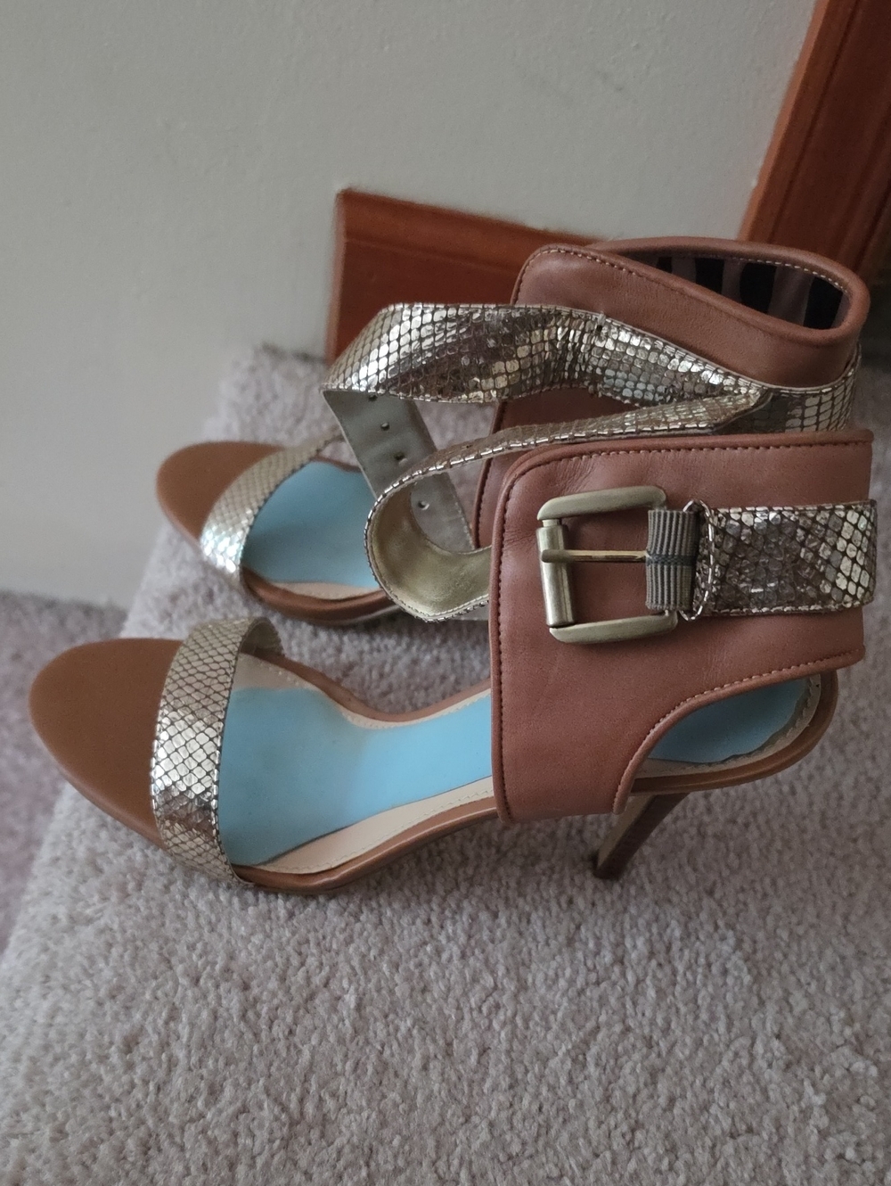 Guess Brown and Metallic Gold Strappy High Heel Sandals
